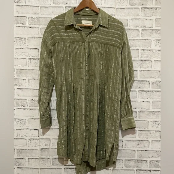 Women’s Anthropologie Pintuck shirt dress green w/silver thread button down S - Picture 2 of 4